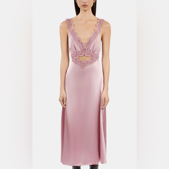 The‎ Kooples PINK WOOD LACE-EMBROIDERED CUTOUT SILK MIDI DRESS - Picture 2 of 4